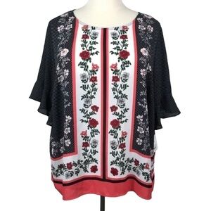 Liz Claiborne Dolman Black Romantic Cottagecore  Floral Blouse Top Size 1X